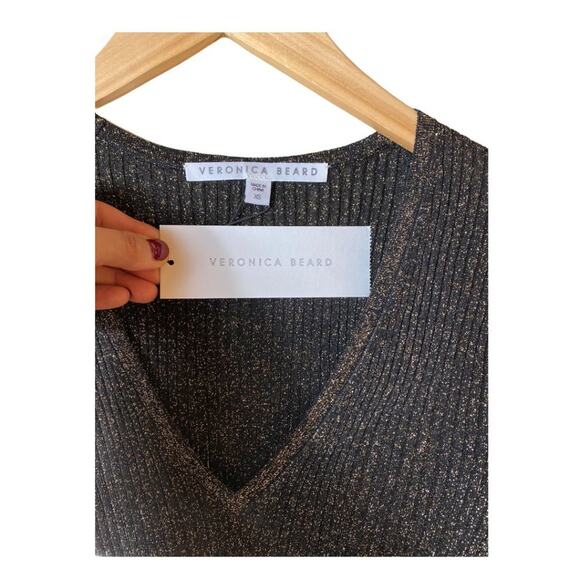 VERONICA BEARD Esmeralda Ribbed Sweater Black Metallic Peplum V-Neck Pullover XS - Picture 8 of 12